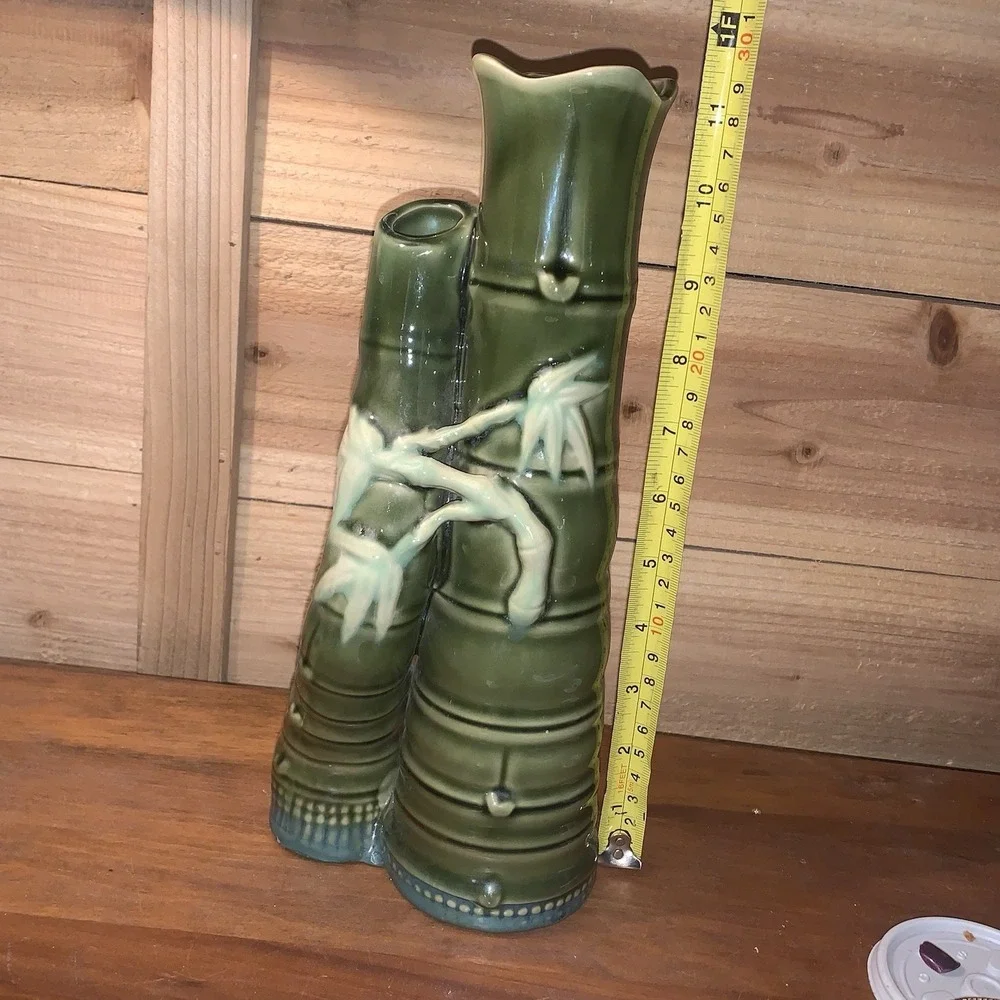 Vintage Majolica Vase Green Double Bamboo Stalks Planter Tiki Asian‎ Ceramic EUC